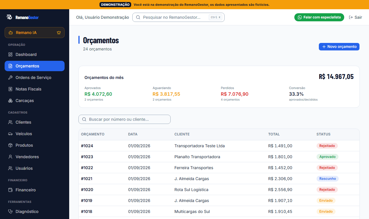 Tela de orcamentos do RemanoGestor